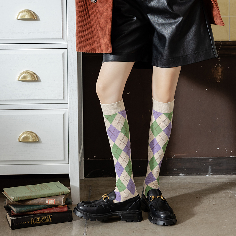 Women's diamond pattern over-the-knee cotton socks