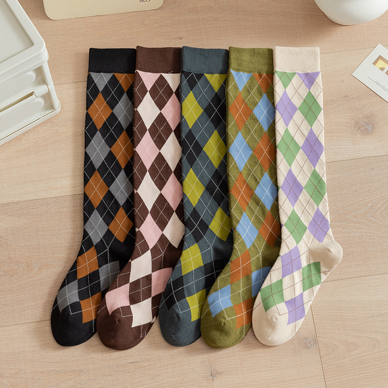 Women's diamond pattern over-the-knee cotton socks