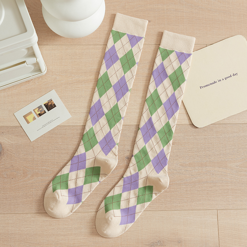 Women's diamond pattern over-the-knee cotton socks